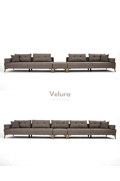 Velura Home & Living Zeri 3+3+3 Yataklı Puzzle Modüler U Köşe Koltuk Takımı & Puflu Köşe Takımı - Sütlü Kahve 160