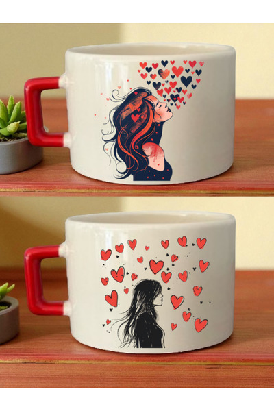 lili hediyelik Heart and Woman Printed 2-Piece Coffee Cup - Women's Valentine...