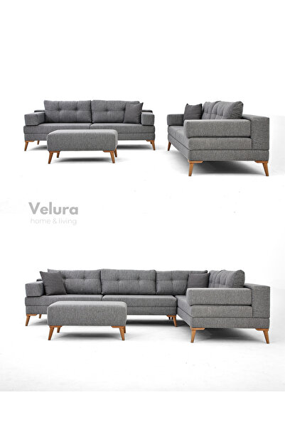 Velura Home & Living Zeri 3+3+3 Yataklı Puzzle Modüler U Köşe Koltuk Takımı & Puflu Köşe Takımı - Latte 144