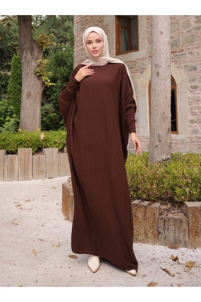SAHRA BUTİK Sleeved Ruffled Knit Tunic - Brown -