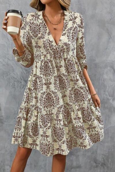 Mossta V-Neck Ruffled Mini Single Jersey Dress - Brown
