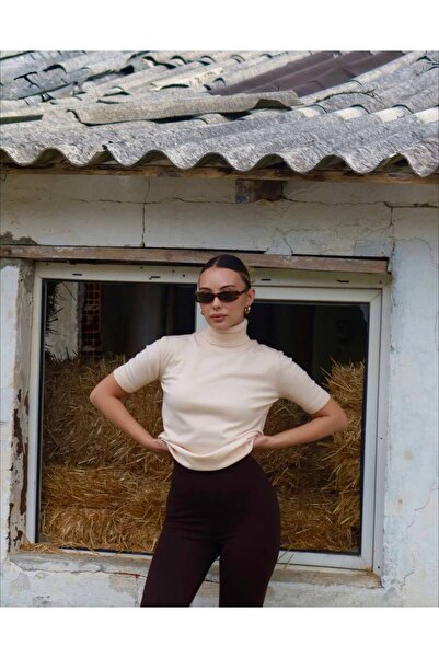 D'RECCY Women's Silk Knitwear Short Sleeve High Neck Stretchy Sweater