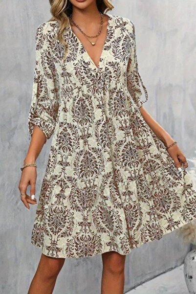 Mossta V-Neck Ruffled Mini Single Jersey Dress - Brown