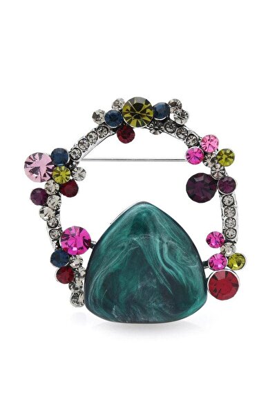 Pursehuit Broșă culoare argintie, formă abstractă, cu pietre și flori, Bendin...