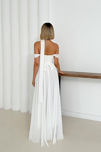 Livanomi Düşük Omuz Eteği Şifon Uzun Beyaz Abiye