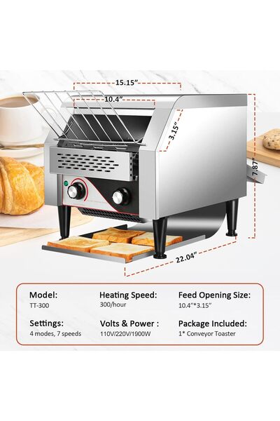 A.E BrightFootBook Commercial Conveyor Toaster - High Capacity 300 Slices/Hour - 2200W Heavy Duty Toaste