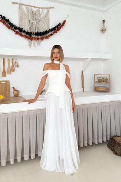 Livanomi Düşük Omuz Eteği Şifon Uzun Beyaz Abiye