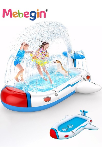 MEBEGIN 180*100*54cm Kiddie Pool, Splash Pad, Swimming Pool for Kids, Aieplane Shape Sprinkler Play Mat, Por