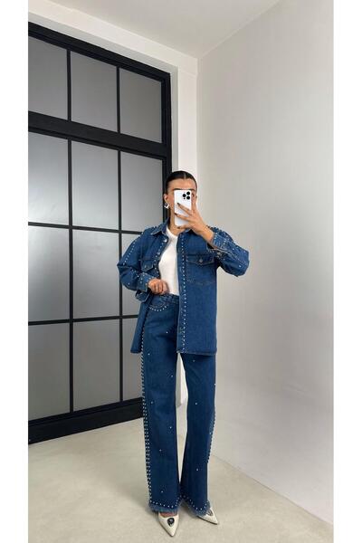 Gaus طقم دينيم مكون من قميص وبنطلون بتفاصيل مزخرفة باللون الأزرق الداكن GAUS-00194