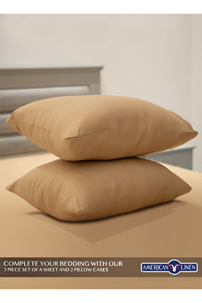 American Linen Queen Plain Fitted Elastic Bedsheet with 2 Pillow Cases 180 x 200 Cm (Beige)