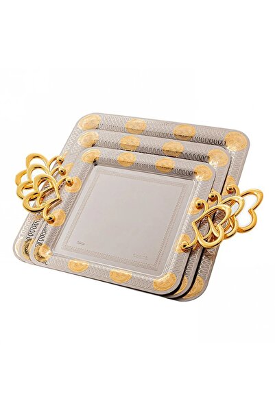 ORIAN طقم صواني تقديم مربعة باللون الفضي والذهبي مكون من 3 قطع