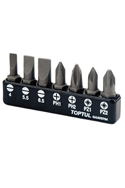 TOPTUL Set of 7 screwdriver bits GAAV0704, 1/4 inch hexagonal drive, types PH1, PH2, PZ1, PZ2, dime