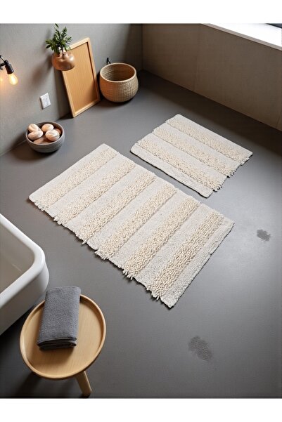 Evimle Elysia Cotton Bath Mat Set (60X100)(50X60) Cream--+