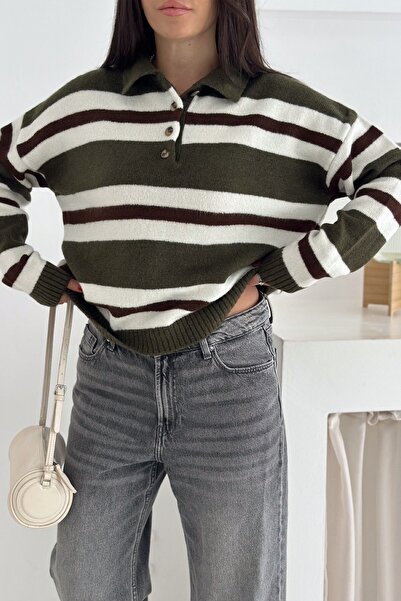 FEMELLE Khaki Striped Knitwear Sweater Buttoned Polo Neck Drop Shoulder Standard Size
