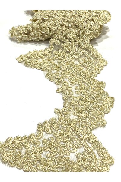 karantuhafiye Gold Glittery Milk Coffee Guipure / Pearlescent Guipure / 3 Meters