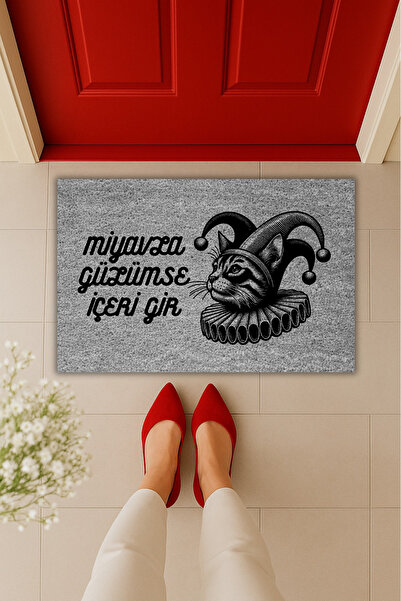 Dormot Yüksek Kaliteli Modern Dijital Baskı-Miyavla Gülümse İçeri Gir Yazılı Paspas 70x45cm-Kapı Önü Paspas