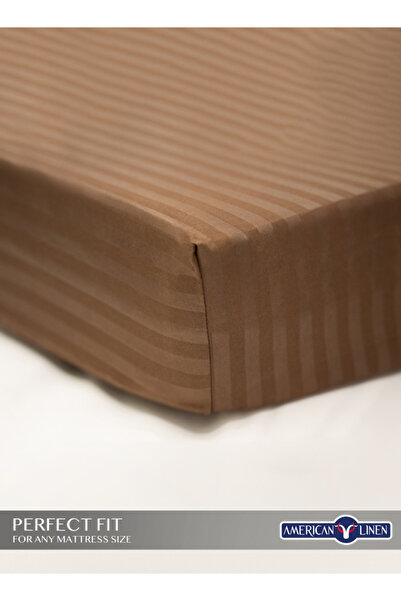American Linen King Striped Fitted Elastic Bedsheet with 2 Pillow Case 200 x 200 Cm (Coffee Brown)