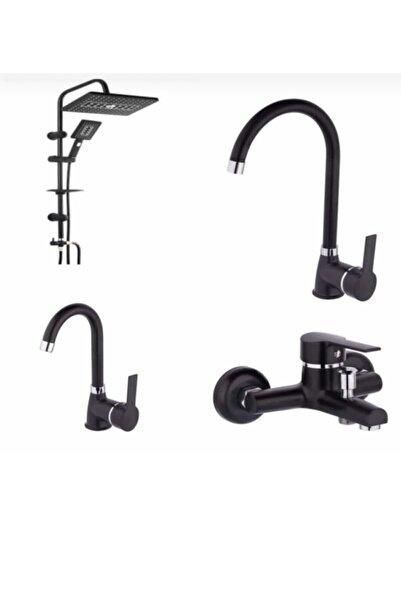BF BLACKFİT Lavabo Banyo Mutfak Bataryası Ve Beyazsu Robot Duş Siyah Banyo Seti