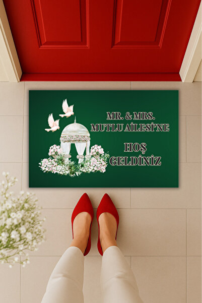 Dormot Yüksek Kaliteli Modern Dijital Baskı-Mr.&Mrs. Güvercin Detaylı Paspas 70x45cm-Çeyiz-Kapı Önü Paspası
