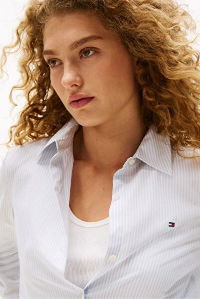 Tommy Hilfiger Kadın Regular Fit Çizgili Poplin Gömlek - Mavi/Beyaz