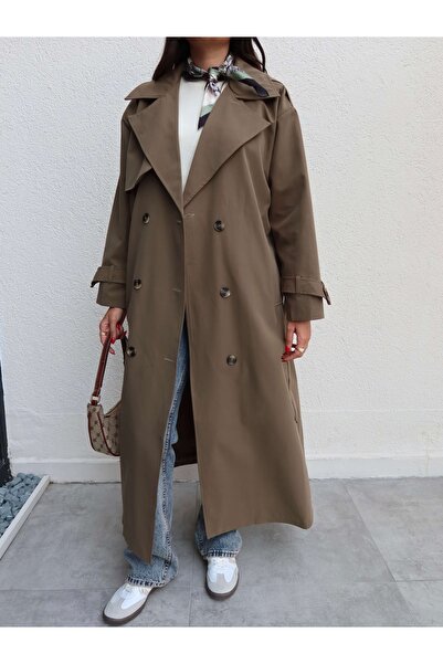 ESRAHELVACI Kruvaze Yaka Kemerli Uzun Trench