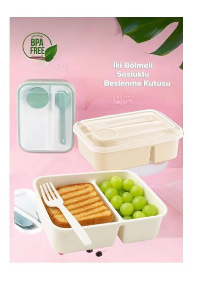 HOLLYHOME Lunch to Go Nutrition Container Plastic Lunch Box with Compartments and Sauce Container 920ml 40ml 14.5X20X7.4(H)Cm Cream