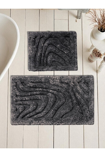 Evimle Pluvis Cotton Bath Mat Set (60X100)(50X60) Black-001