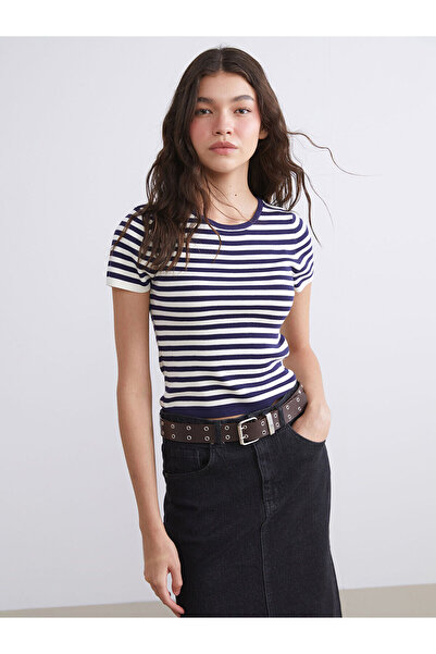 LC Waikiki Γυναικείο πλεκτό πουλόβερ Navy Blue Crew Neck ριγέ