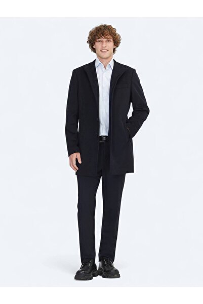 Kip Lacivert Regular Fit Dik Yaka Klasik Dokuma Palto
