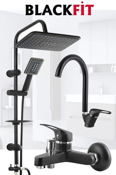 BF BLACKFİT Siyah Robot Tepe Duş Seti Mix Siyah Banyo Lavabo Bataryası Seti B...