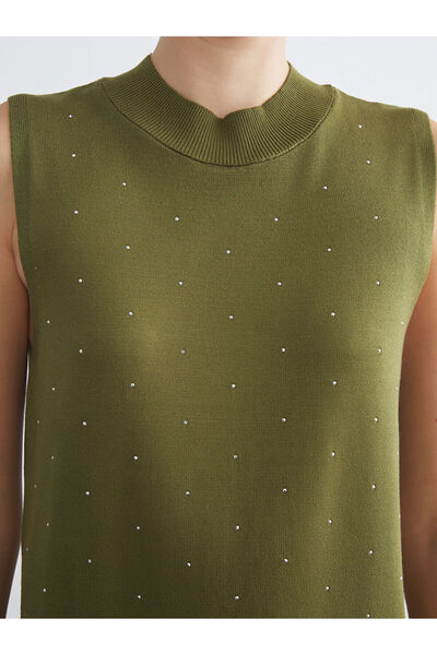 LC Waikiki Yeşil Bisiklet Yaka Taşlı Kadın Triko Atlet