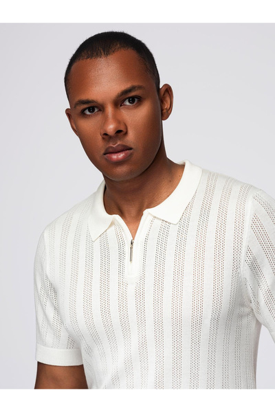 OMBRE Ανδρικό πόλο μπλουζάκι ανοιχτό με φερμουάρ στη λαιμόκοψη - λευκό V1 OM-POSS-0158