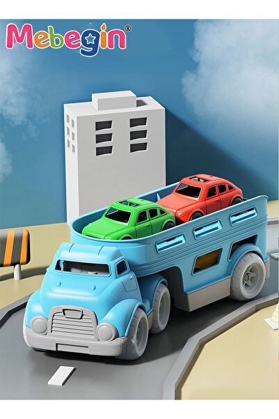 MEBEGIN Blue Double Deck Carrier Truck with 3 Cars Toy Set Children's Car with Slide Simulated Carrying Toy