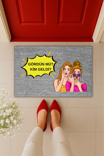 Dormot Yüksek Kaliteli Modern Dijital Baskı - Pop Art Temalı Kim Geldi Paspas 70x45cm-Çeyiz Kapı Önü Paspas