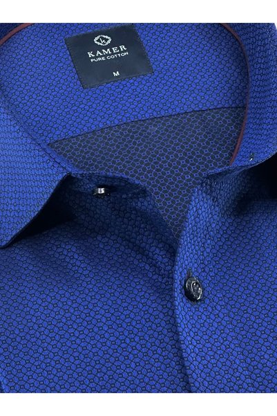 KAMER Men's Regular Fit Long Sleeve 100% Cotton Classic Collar Single Pocket Patterned Navy Blue Shirt 3640L