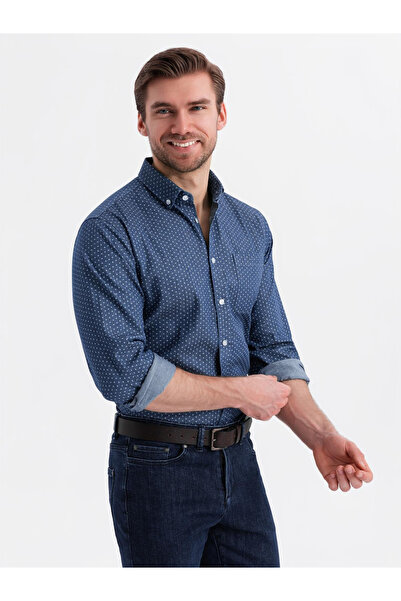 OMBRE Cămașă bărbătească din denim subțire cu imprimeu și buzunar - albastru V2 OM-SHDS-0179 XL