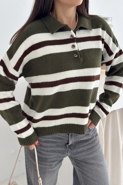 FEMELLE Khaki Striped Knitwear Sweater Buttoned Polo Neck Drop Shoulder Standard Size