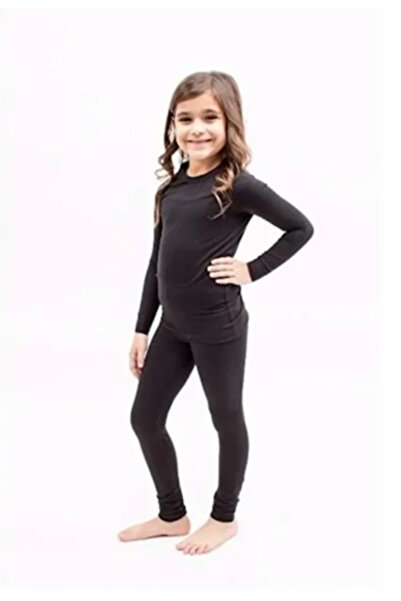 Line Smart Tutku Girl's Black Thermal Thick Winter Ribbed Underwear Set (Top and Bottom)