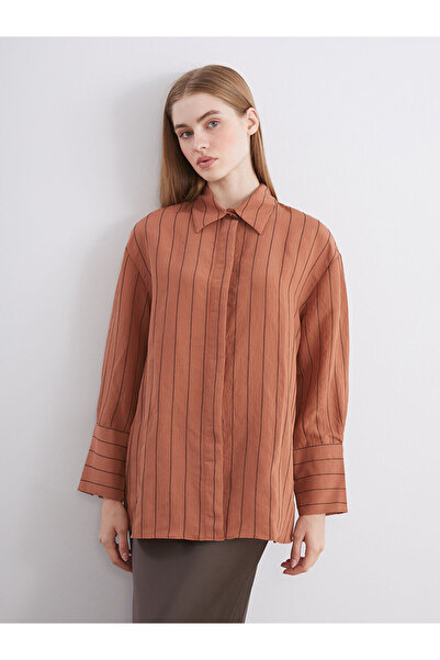 LC Waikiki Nevavm Lcw Modest Orange Striped Modal Blend Women's Shirt Tunic w...