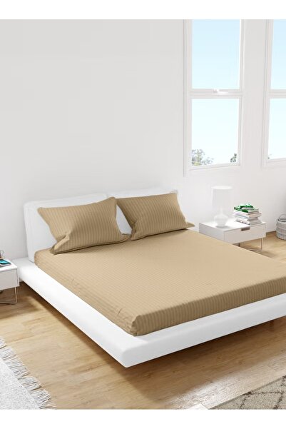 American Linen King Striped Fitted Elastic Bedsheet with 2 Pillow Case 200 x 200 Cm (Beige)