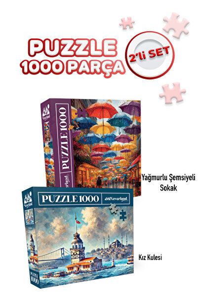 Neverland 2 ADET 1000 PARÇA PUZZLE- KIZ KULESİ VE YAĞMURLU ŞEMSİYELİ SOKAK