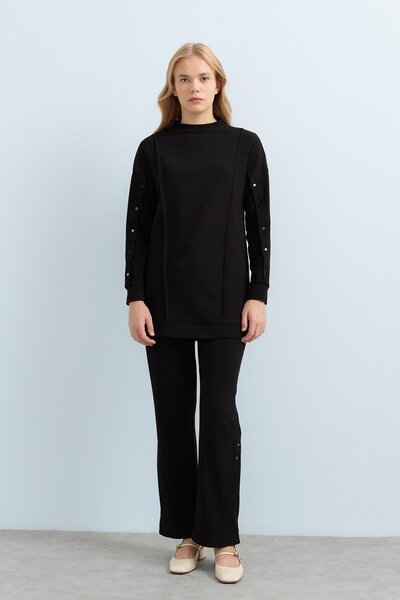 Nihan Çıt Çıt Detaylı Örme Pantolon Tunik Takım Siyah