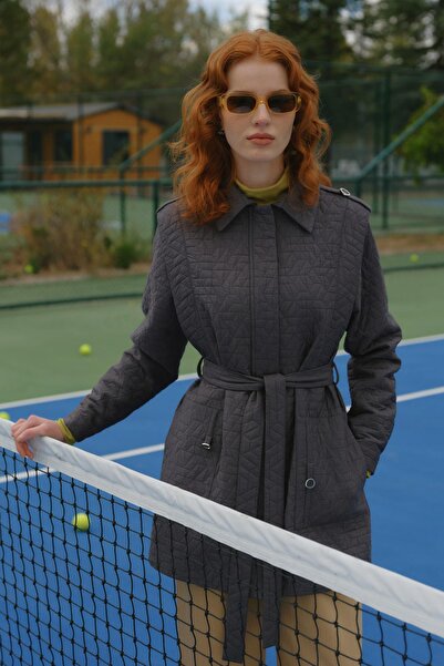 Nihan İnce Kapitone Halka Detaylı Ceket Füme