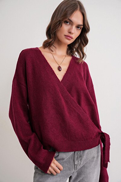 Mixray 6959 women's bow knit cardigan burgundy