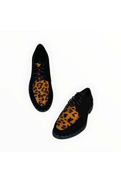 Dune London Pantofi Derby Femei Head Over Heels, Suedette Negru cu Print Leopard, Marimea 37 EU