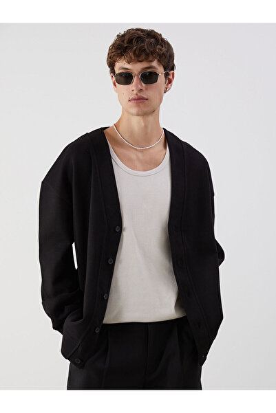 LC Waikiki Siyah Rahat Kalıp V Yaka Uzun Kollu Erkek Hırka