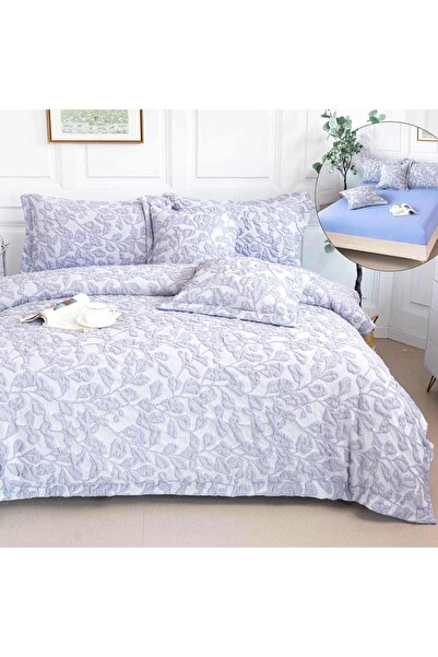 OEM Premium Embossed Bed Linen, 2 persons, 6 pieces, with elastic, light gray, leaves, LFG116