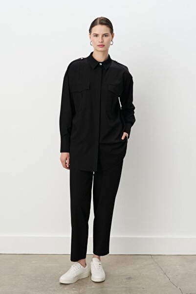 Nihan Apolet Detaylı Pantolon Tunik Viskon Takım Siyah