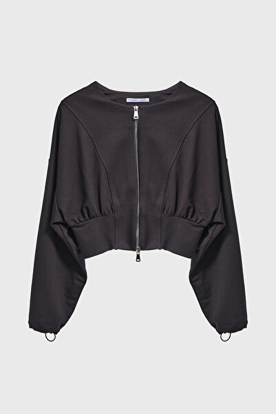 its basic Hanorac oversize cu fermoar pentru femei, culoare neagră w5-1, cu croială largi, tricotat, din material elastic