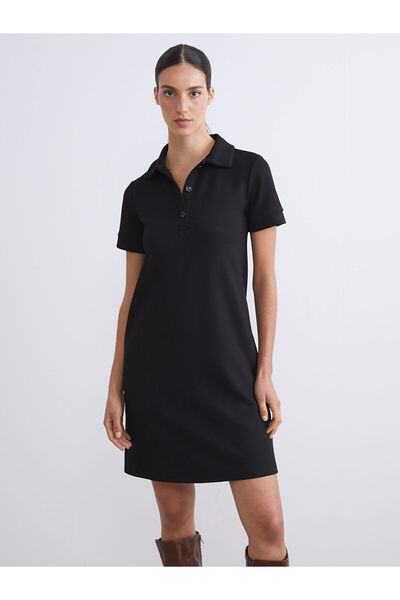 LC Waikiki Siyah Polo Yaka A Kesim Mini Elbise